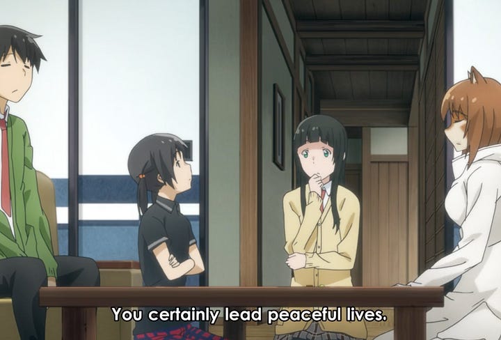 lady bugs share a flower, two girls sit at a table with the subtitle: "You certainly lead peaceful lives."