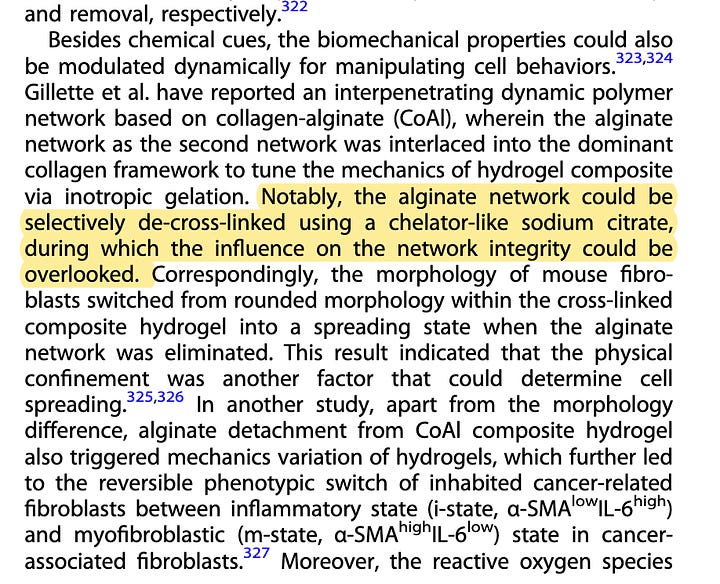 Qoutes regarding the de-linking of alginate hydrogel via Sodium Citrate