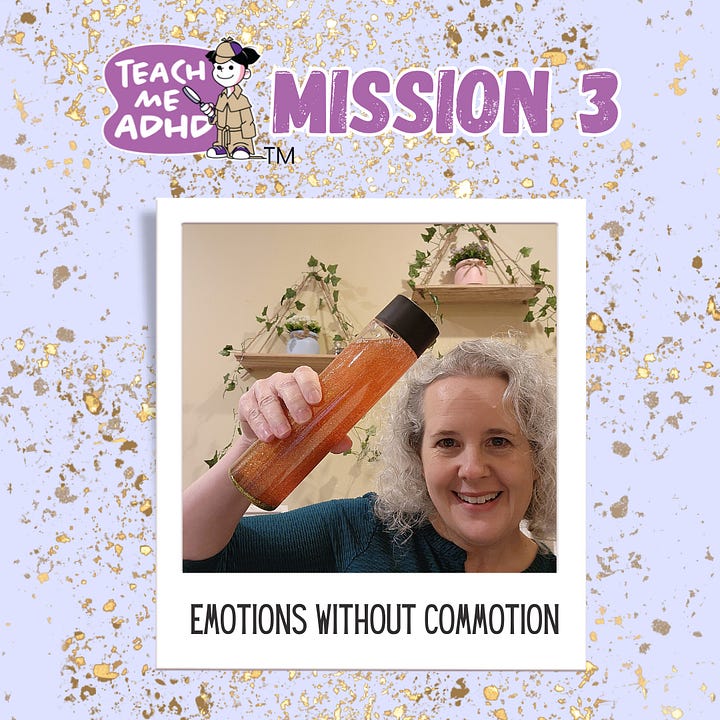 A collection of 4 images, each with Dr Stuppy holding a prop from different missions. training mission one: what is ADHD and how does it affect me shows her holding a brain model. Mission 2 Building healthy eating and sleeping habits shows her holding a board with a healthy meal. Mission 3 is covered in glitter and she's holding a glitter jar. Emotions without commotion. Mission 5 is game night - communication and she's holding a game piece made for the course.