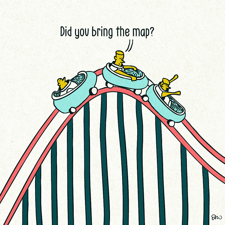 Three friends are riding a roller coaster. As they progress through the ride across the four panels of this web comic, their dialog reads, "Did you bring our map?" Then another responds, "Darn, I left it at the hotel." Then someone asks, "Why does it matter?" And as the roller coaster speeds past the station where people board the cars, the first person in the conversation says, "Well, I think missed our stop again."