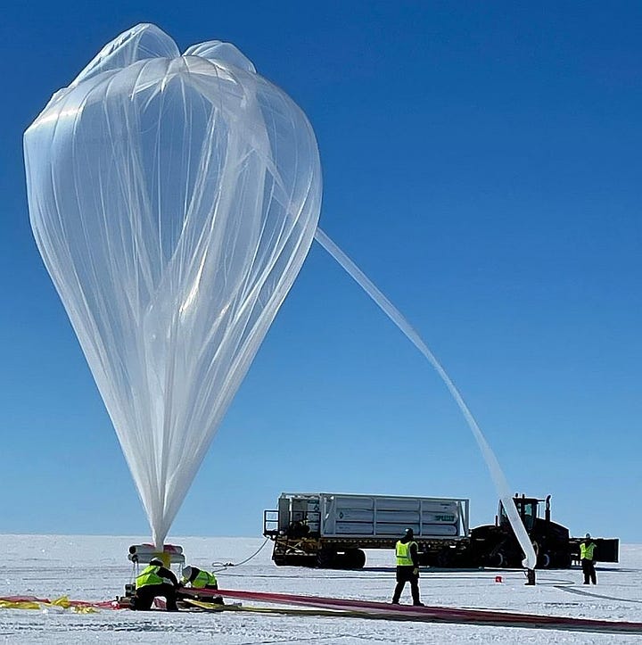 The balloon for LAURA (Long durAtion evalUation solaR hand LAunch) being inflated at the Long Duration Balloon camp near McMurdo station. At right, the final flight path of the balloon (Images: NASA)