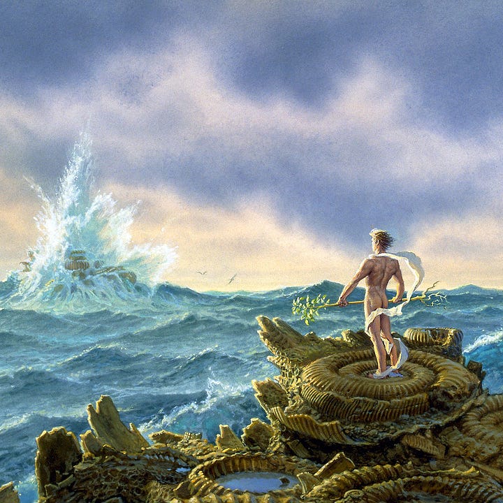 LEFT: Detail from FORTITUDE featuring a muscular man standing on an island of broken ammonite fossils. He wears no clothes, only a scarf winding loosely about him. In his hands, he holds an uprooted tree, long and thin, as he faces the raging sea. RIGHT: Close detail from FORTITUDE with a view behind a naked muscular man standing on an island of ammonite fossils. Water pools in the basic of the spirals as he faces rough seas.