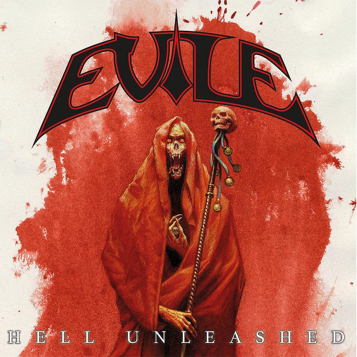 LEFT: Detail from LORD OF DISCORDIA featuring a horrific figure rapped in Crimson holding a skull topped staff in one hand and an eyeball in the other. RIGHT: Album cover for HELL UNLEASHED by Evile, distributed by Napalm Records