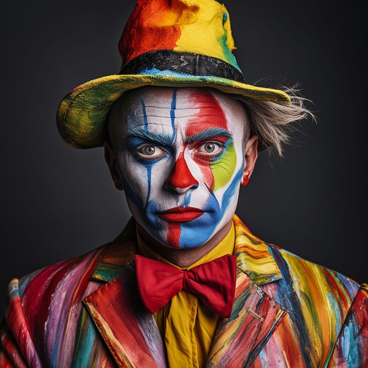 Man in clown makeup, original vs. Daniel face