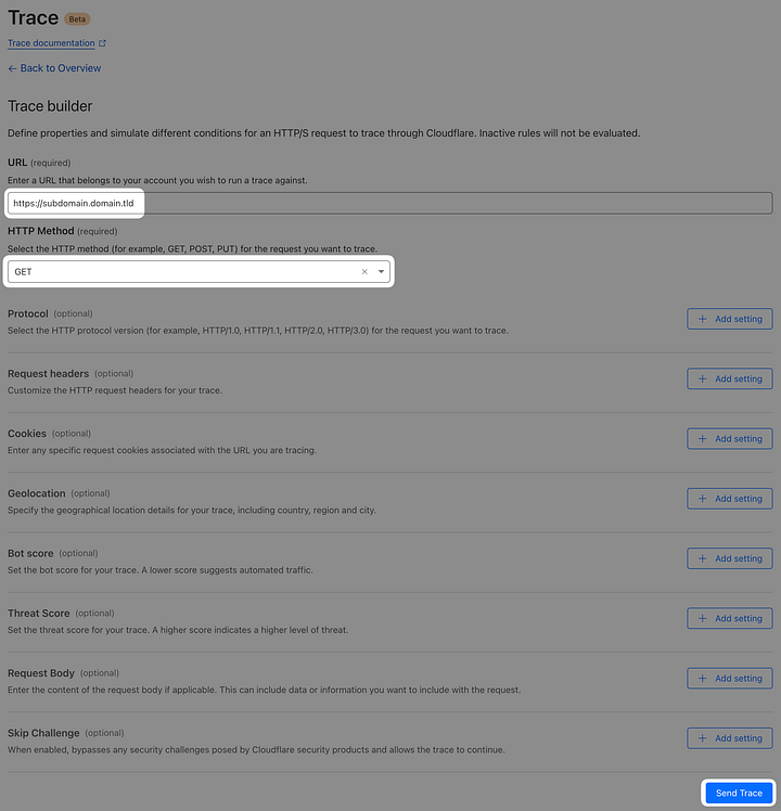 Cloudflare rules setup and Cloudflare Trace results