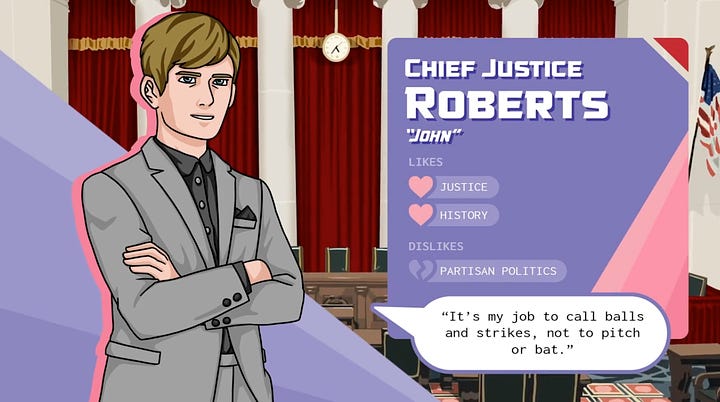 Dating profile-style introductions to fictional avatars of young John Roberts and Anthony Kennedy,