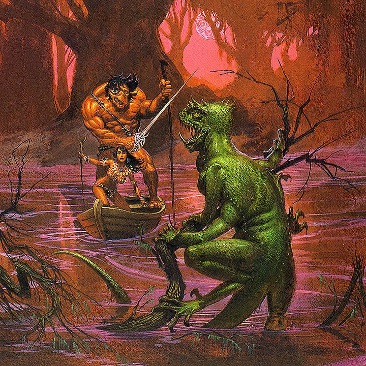 LEFT: Background detail of enormous insect perching on an upturned tree over vermillion swamp water. It has pincered mandibles, barbed tail, and translucent wings. The artist’s sigil, the stylized letters M and W contained within a circle, floats among ripples in the water. RIGHT: Foreground detail of green, six-legged lizard emerging from the water in front of a boat guided by a grossly disfigured, hulking Barsoomian man and a surprised Barsoomian maiden. The creature stretches open its jaws to reveal jagged fangs.