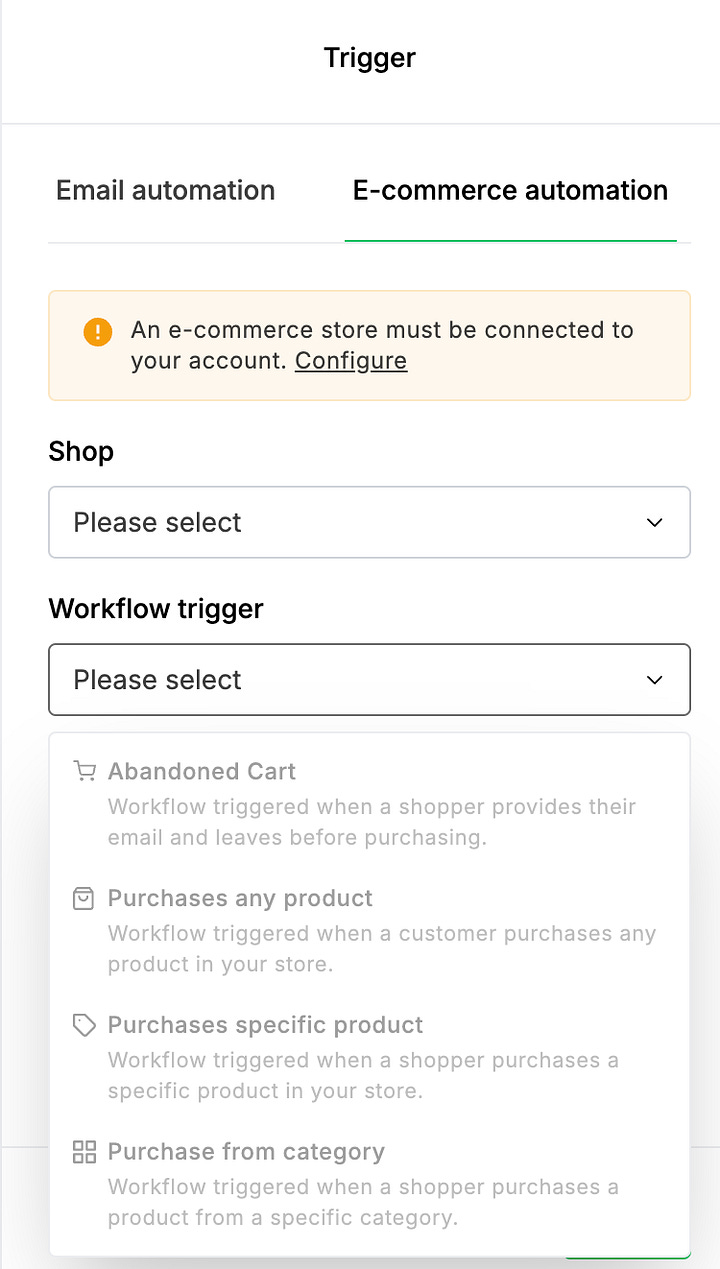 Screenshot of the MailerLite automation trigger setup page, showing options for ‘Email automation’ and ‘E-commerce automation,’ with the latter selected. A warning message states that an e-commerce store must be connected to the account, with a ‘Configure’ link. Below, dropdown menus labeled ‘Shop’ and ‘Workflow trigger’ prompt the user to select options. The ‘Workflow trigger’ dropdown displays grayed-out options, including ‘Abandoned Cart,’ ‘Purchases any product,’ ‘Purchases specific product,’ and ‘Purchase from category,’ indicating they are unavailable until an e-commerce store is connected.