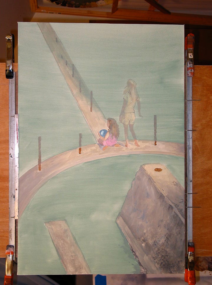 LEFT: Work in progress photo of SEAWALL a little further along. The water is now a simple wash of green. To the concrete structure, two children have been added. The older blonde haired girl is standing. A younger, dark haired girl sits in pink dress with a blue ball in her lap. RIGHT: Work in progress photo of SEAWALL. The underpainting has been washed over with blue so everything is looser and the figures are now hazy. The standing girl is rendered ghostly in white. The pink of the younger girls dress and the blue of the ball still show through.