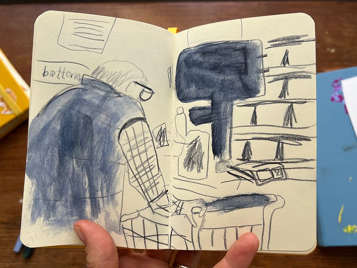 sketchbook drawings of window washers and a guy at a pharmacy