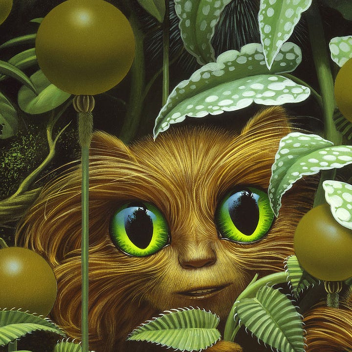 LEFT: Detail of a pair of adorable furry aliens poking their heads out from the cover of dense tropical vegetation. There are several varieties of leaves to provide cover including the largest with ruffled ridges and white spots, the smallest ribbed with white spikes protruding out the sides, and clusters with round ends. Rising on straight shoots are olive balls. RIGHT: Close detail of an adorable furry alien hiding in the cover of leaves. The huge eyes are strikingly green, cat-like and glossy so that the treetops reflect in the light.