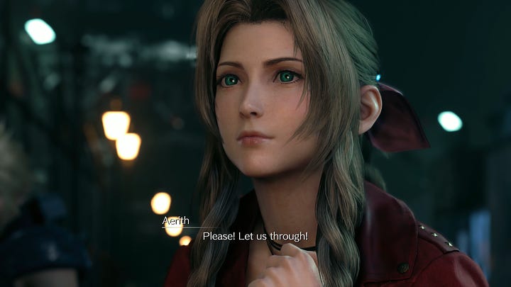 The Whispers appear right after Aerith's plea to be let through.