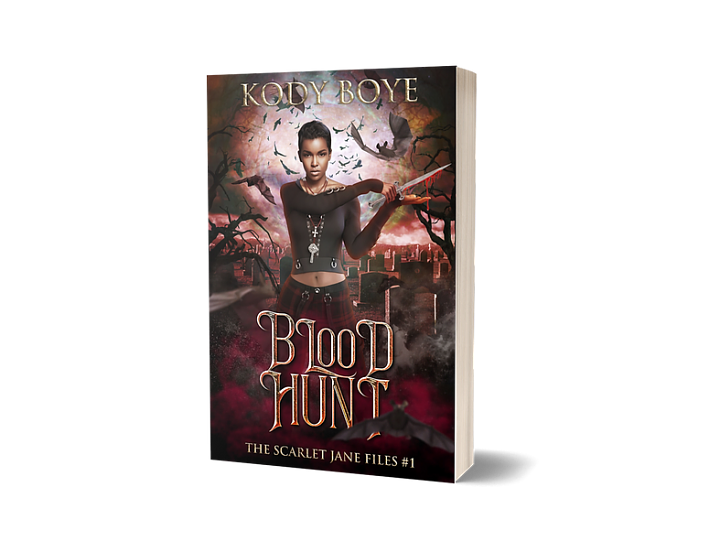 Covers for THE SCARLET JANE FILES. Book 1 is BLOOD HUNT and features the character on a background with swirling bats. Book 2 is WITCH MAGIC, and features the character in a forest with a pair of creeping hands reaching out for her.