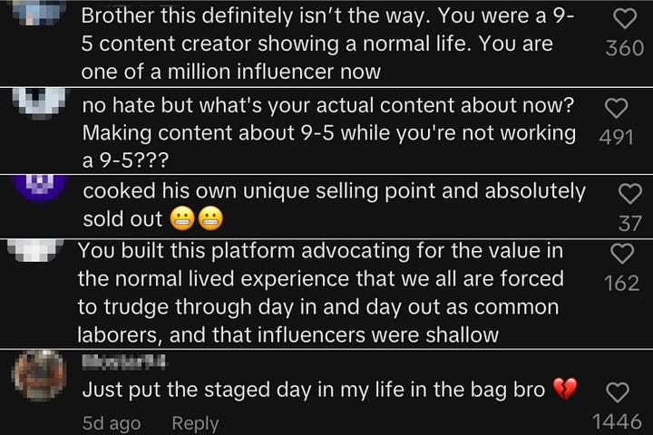 Screenshots of TikTok comments disparaging Hubs for betraying the "9-5" content life.