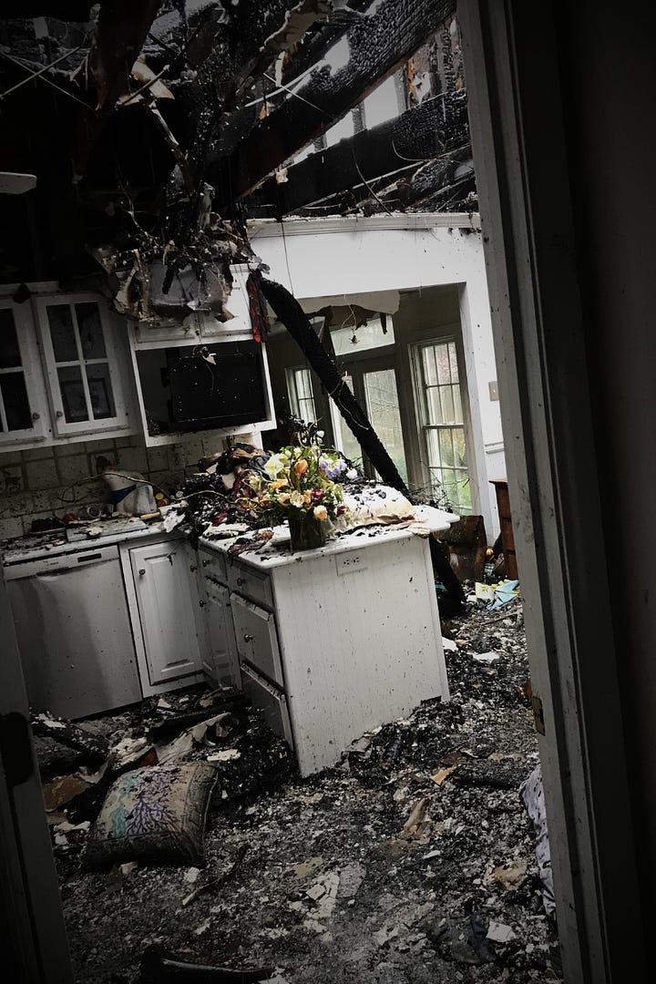 A flower arrangement of hellebores and daffodils sits in the charred remains of a burned house.