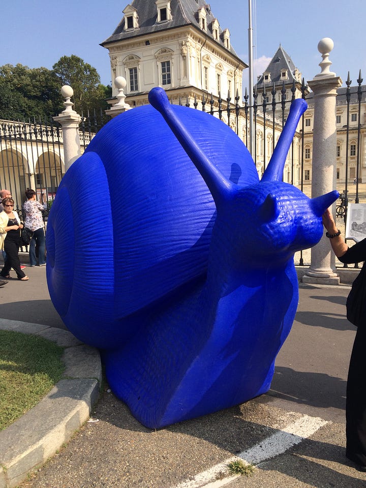 Four colourful images of people queuing to enter the Terra Madre event in Turin in 2022, and one of a large blue snail which is the logo of Slow Food.