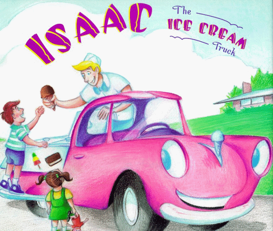 Book cover featuring a bright pink ice cream truck with the owner handing out ice cream cones to kids