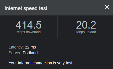 Internet speed test results
