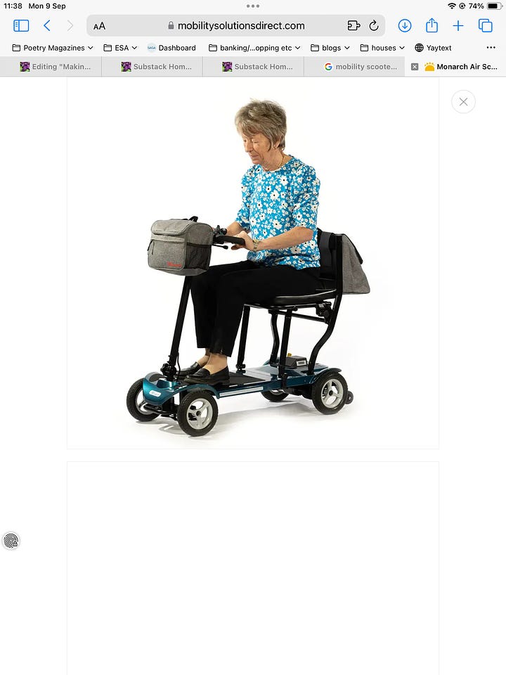 Mobility scooters - the first an old lady scooter that would break at the first twig it encountered. The second needs its own trailer or a van and looks like a sit on lawnmower and no good for shops