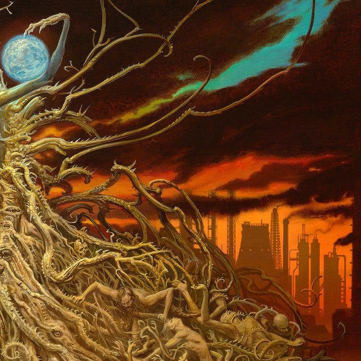 LEFT: Detail from EVILE featuring the central figure with elongated arms raised in a chilling flex to wrap around a cloudy planet hovering over its shoulder. RIGHT: Detail from EVILE featuring the right side of the mound and the orange smog-tinted background consisting of a line of factories spewing dark smoke that drifts rightward. Naked men and women ensnared by spiked roots in the mound. Some fight against their hold trying to life themselves out. Some fall in agony as they are pulled into the mass. Others recline in pleasure. Mixed throughout are human skulls.