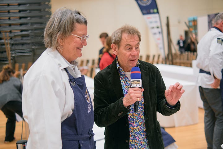 Four images showing food broadcaster Nigel Barden at the World Cheese awards in Trondheim, Norway. He is pictured with cheese makers and award winners