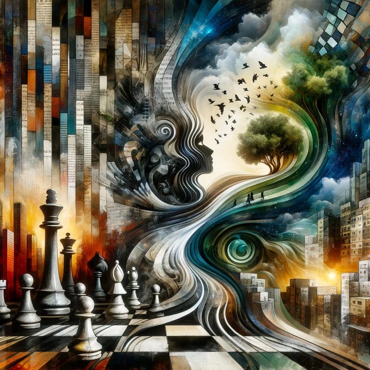 Chessboard theme with imagery based on the text of the article.  Surreal, mixed-media.