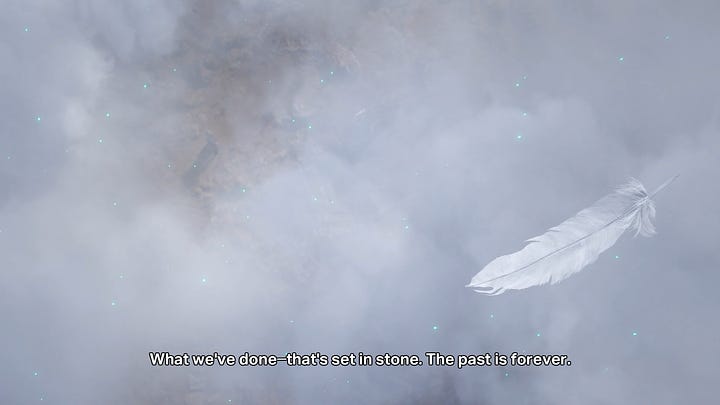Context of Aerith's lines over the trailer visuals: mist, Lifestream particles, and the white feather with Zack dragging Cloud along the wasteland beneath.