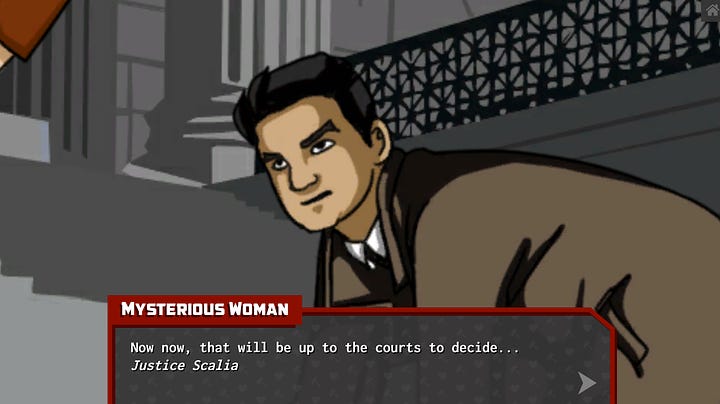 Dramatic rendition of the poisoning of Justice Antonin Scalia on the steps of the Supreme Court building by a mysterious woman who walks away from his prone body