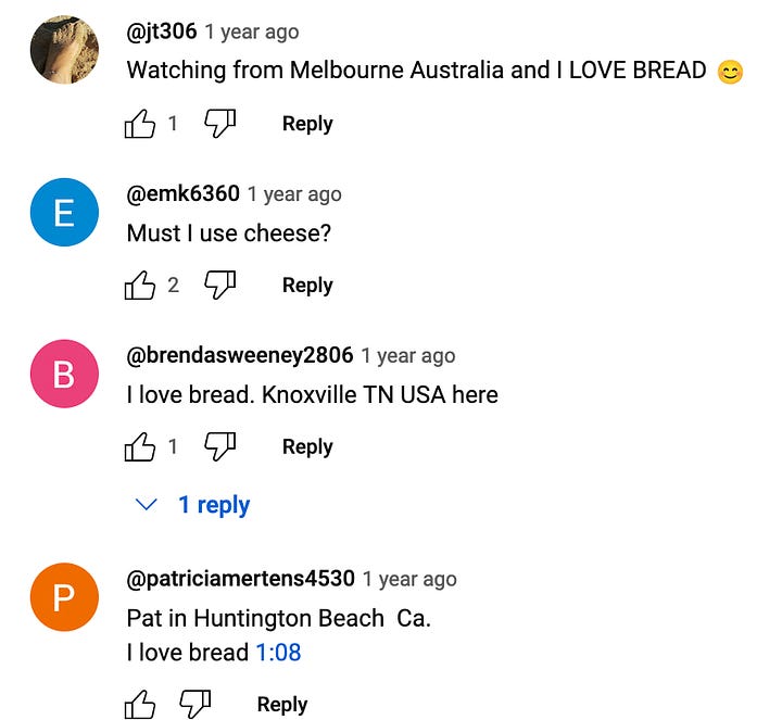 Screenshot of multiple spammy YouTube comments on "Super Recipes" videos saying things like "I love bread"