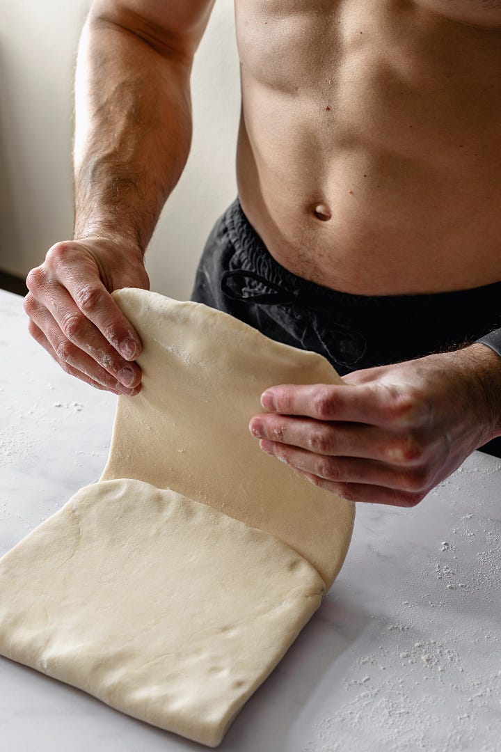 Sequence of photos showing shirtless man making vegan puff pastry dough