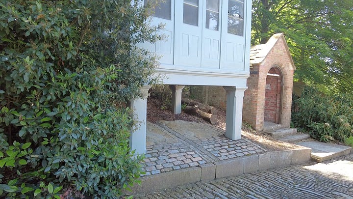 Four photos. The game larders and ice house at Sherborne Castle and Gardens. The sign tells us more about the ice house. There are gratings over the steep drop into the bottom of the ice house where the ice was stored. Images: Roland's Travels