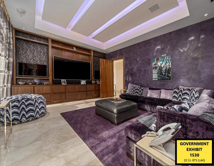 Four photos of the luxury apartment in The Bahamas, which is by all appearances enormous. It has marble floors, incredible views, a large outdoor space with a pool overlooking the city, an indoor/outdoor room with a blue tiled hot tub, and a media room with purple walls and carpet and purple lighting overhead.