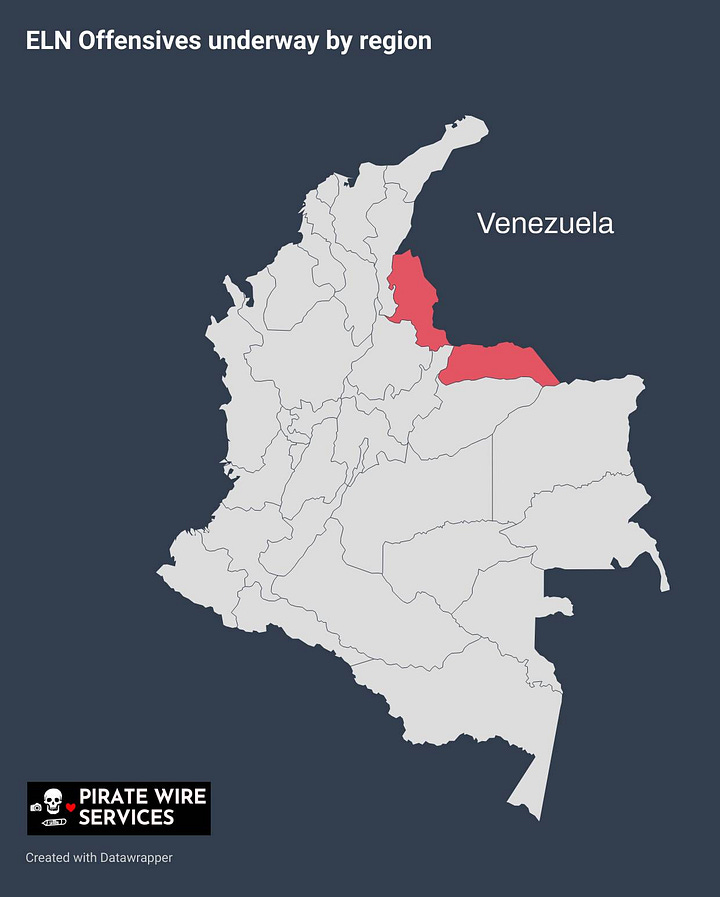 Left: Regions where ELN is currently mounting offensive operations in the Colombian-Veneuzuelan borderlands Right: Tibu, where negotiations with Frente 33 will take place