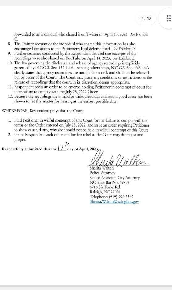 "Motion for Order to Show Cause" filed by the Wake County DA's office, asking for Monica Ussery to be held in contempt of court for allegedly violating a gag order she was under regarding bodycam footage from the April 14, 2020 protest
