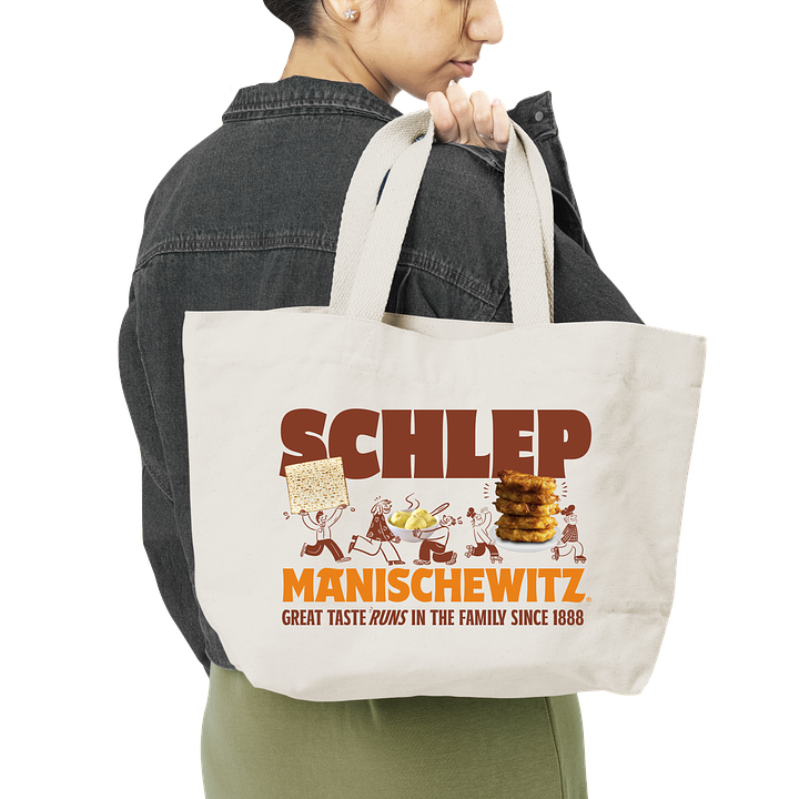 Four images from the Manischewitz rebrand. The first is a person holding a tote bag that says "Schlep" as well as "Manischewitz – great taste runs in the family since 1888." It has a bunch of people running and holding various Manischewitz products including matzah, matzah ball soup, and latkes. The second is a box of Matzo, featuring an orange label and a cartoon person putting matzo in a wood burning oven. The label says "Perfect for Passover Matzos." The next picture is of egg noodles, also with an orange label. And the final picture is of an orange box of black and white cookies, featuring two cartoon people lifting a cookie that is bigger than them. The brand label says "Manischewitz presents Mani'z" which... I guess they're trying to make that a thing? It says "made for noshing" which is gimicky but let's be real, very cute.
