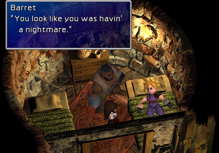 Parallel between Aerith intruding in Cloud's dream in her Resolution scene in Remake and after losing consciousness at the Temple of the Ancientsin the original game.