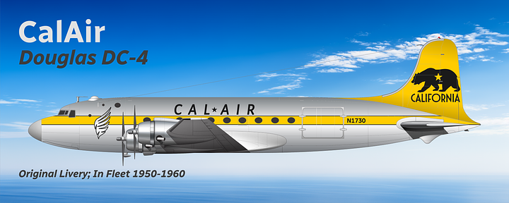 CalAir Douglas DC-3 (L) and Douglas DC-4 (R) in original 1950s livery, both shown in side view.