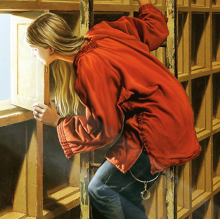 LEFT: Detail of LUMEN 6 featuring a young woman standing barefoot on a ladder to peer through an open panel. Her straight blonde hair is swept to the side so we can see her face in profile bathed in light from the other side. RIGHT: Closer detail of LUMEN 6 featuring the wardrobe. The young woman is wearing a red long-sleeved tunic and dark blue jeans. From her waist hangs a wide silver loop and from it dangles a transparent glass sphere.