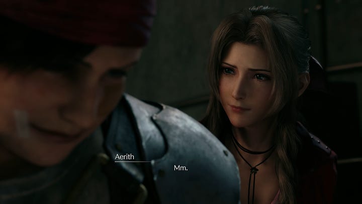 Aerith's facial expressions give away her knowledge of current events.