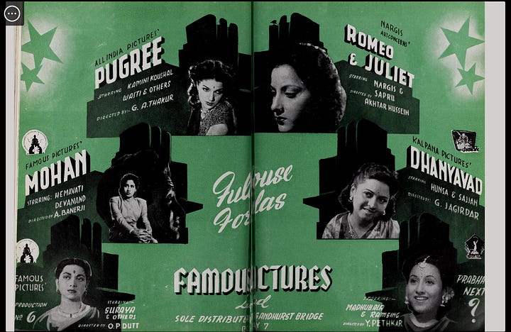 Scan of Film India publications. Left is actress with jewelry and background illustration of vibrant marketplace. Right are several photos of actresses and the film titles.
