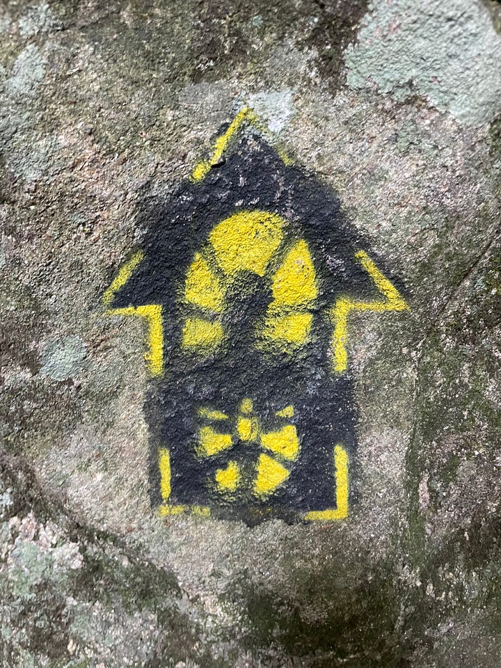 1. Christ the Redeemer from below. 2. The view of the ocean from atop a hill. 3. A trail marker painted on a rock (a yellow bootprint in a black arrow). 4. A close-up of a cool junction in a tree trunk.