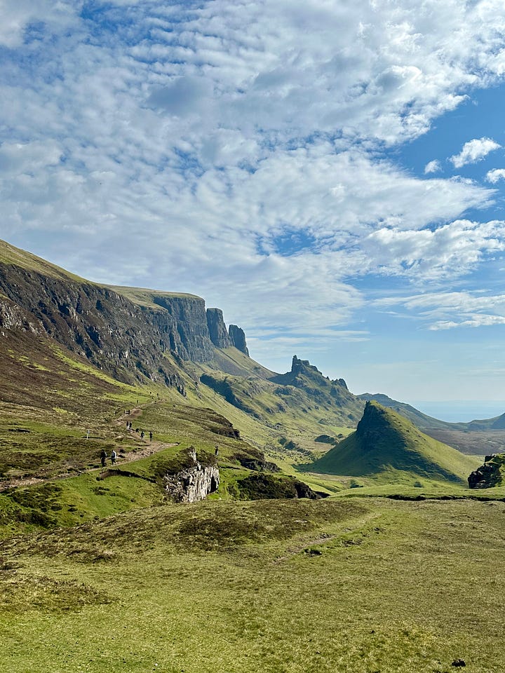 Quiraing green hillside, Culloden rock memorial with sign, hand holding ice cream cone, misty Scott Monument in Edinburgh