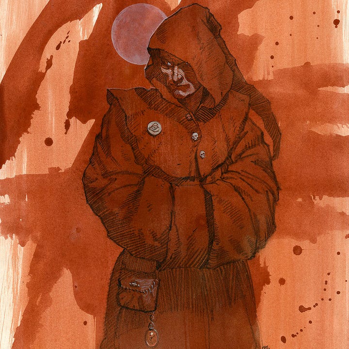 LEFT: Detail from MARTEN BROADCLOAK featuring the robed figure. His hood is up with the long point trailing down behind him. RIGHT: Close detail from MARTEN BROADCLOAK featuring the detailed line work of the face. The contours are defined by lines of white over the charcoal drawing.