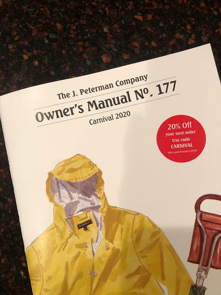 Two images of a J. Peterman Company catalog. The cover features the title "Owner's Manual No. 177 Carnival 2020," with an illustration of a bright yellow raincoat and a gardening spade. A red circle advertises "20% Off your next order. Use code CARNIVAL." The second image shows an interior page titled "Pray for Rain," with a whimsical description of the raincoat, emphasizing its flattering fit and practicality. The page includes illustrations of the raincoat in yellow and blue-striped variants, alongside details like two front pockets, waterproof material, and size options, priced at $268.