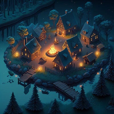 Isometric medieval villages with wooden huts lit up by torches at twilight by Midjourney