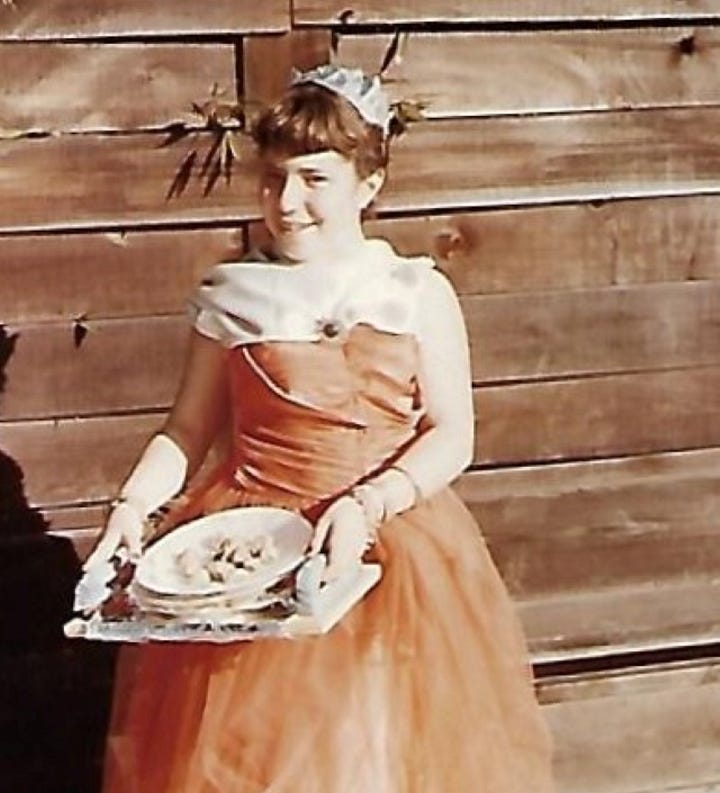 Left: two ghoulish characters with white faces and evil expressions. Right: Girl as Queen Esther wearing crown and orange ball gown, carrying tray with cookies