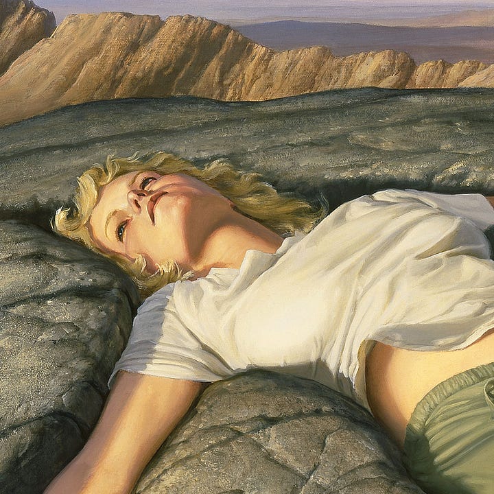 LEFT: Detail of a woman sunken into solid rock as she stares up at the sky. Her hair is wavy golden blonde. Her plain white t-shirt rides up to expose a hint of midriff. One knee is slightly raised, and a shadow falls across her thin, drab green sweatpants. RIGHT: Closer detail of the woman sunken into solid rock as she stares up at the sky.