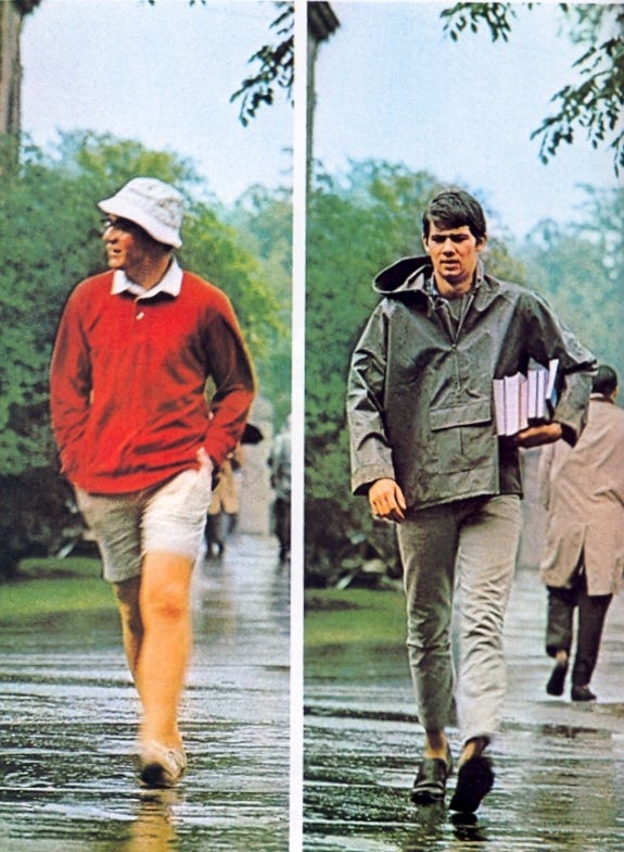 Two men in preppy clothing on a university campus