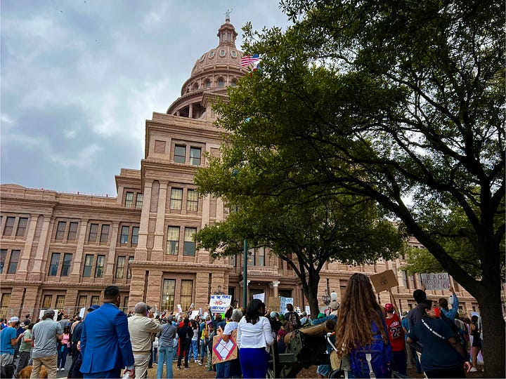 Photos showing crowds of protestors at the Austin, Texas state capitol on February 5. 2025