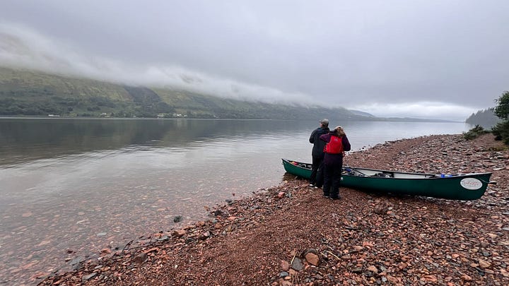 The wild camp site on the banks of Loch Lochy. Sarah and Eve rest in the shelter whilst I make a cup of tea!